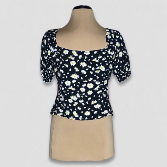 Vintage Y2K Daisy Blouse Puff Short Sleeves Floral Navy - Medium - Picture 2 of 13